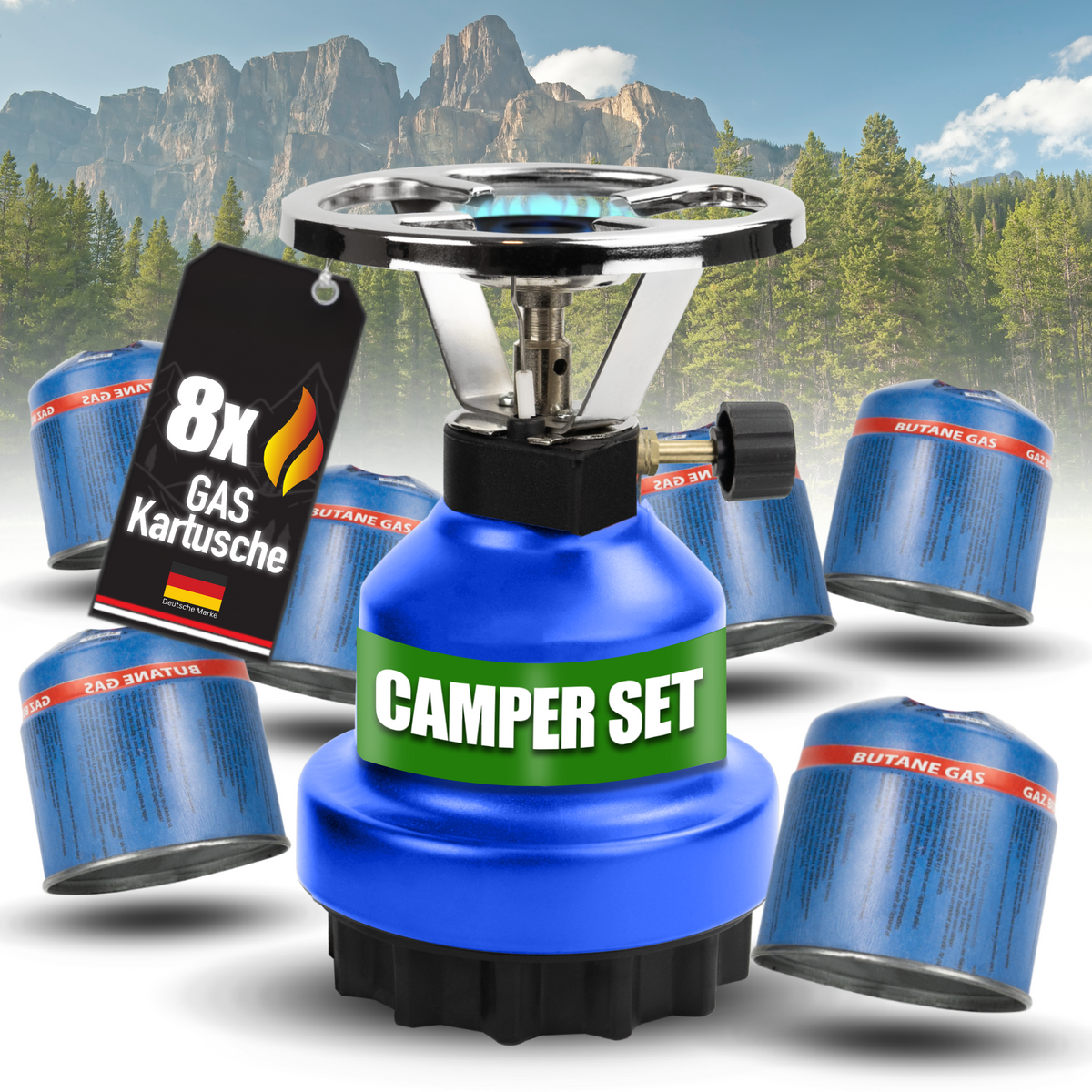 Campingkocher für Innenräume inkl. Stech-Gaskartuschen mit 1 Anschluss