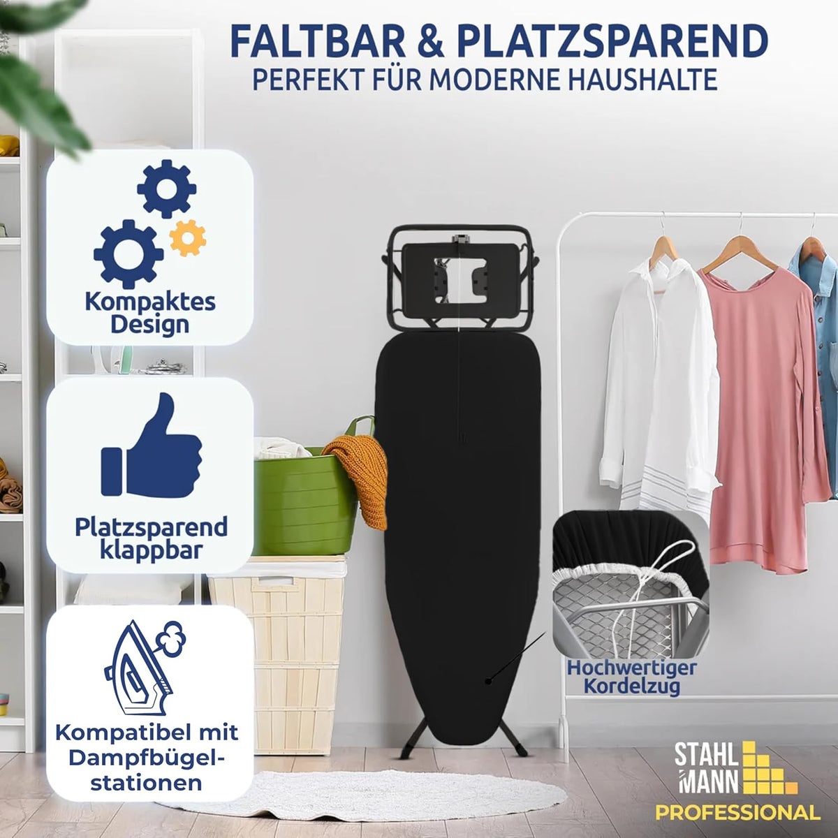 STAHLMANN® XXL Bügelbrett 130x48 cm – Für Dampfbügelstation – inkl. Ärmelbrett – 100 % Baumwollbezug – extra stabil – Made in EU