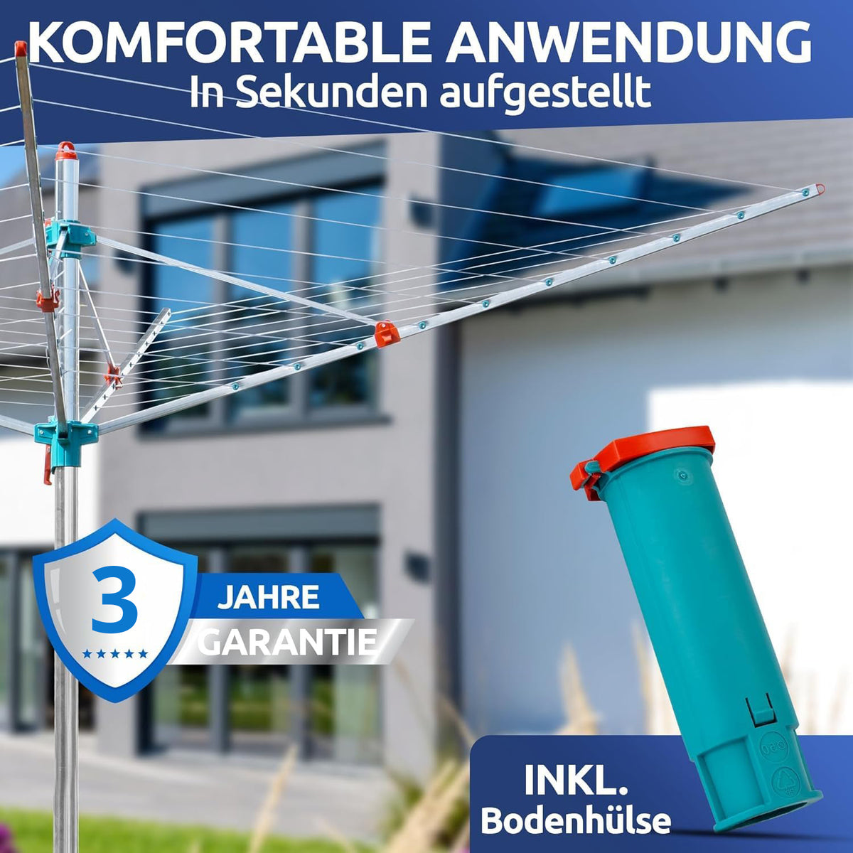 Wäschespinne 60m Made in Germany – 40kg Traglast, wetterfest & ergonomisch