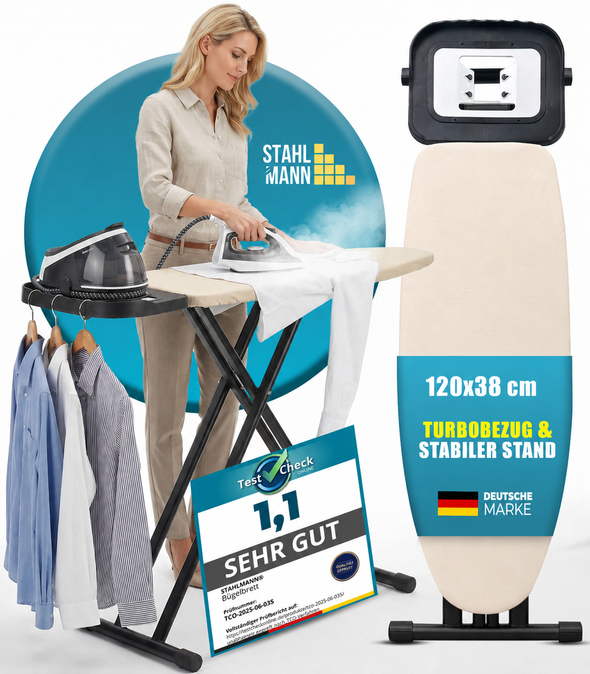 Stahlmann Bügelbrett 120 × 38 cm – Made in EU | höhenverstellbar 60–90 cm | Turbobezug