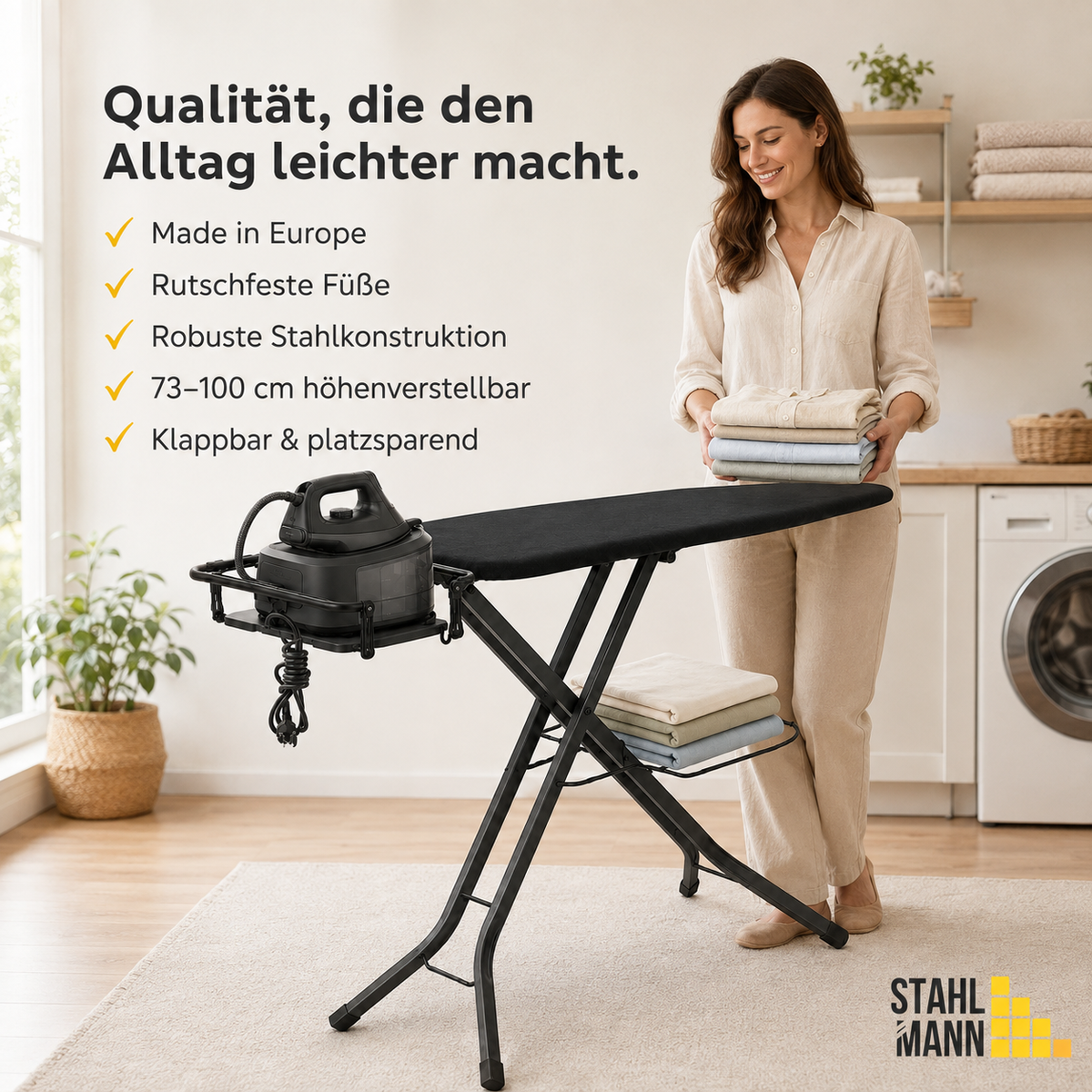 STAHLMANN® XL Strijkplank 120x42 cm – In hoogte verstelbaar & stabiel – Katoenen hoes – Voor stoomstrijkstations – Gemaakt in de EU