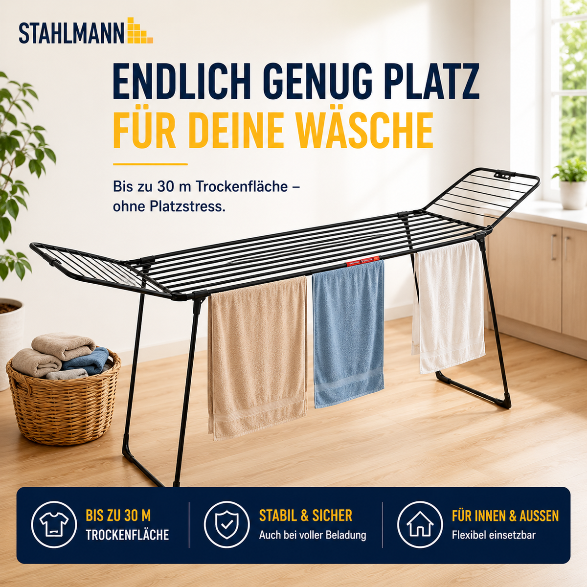 STAHLMANN® Wäscheständer ausziehbar mit Flügeln – 25 m Trockenfläche, klappbar, schwarz
