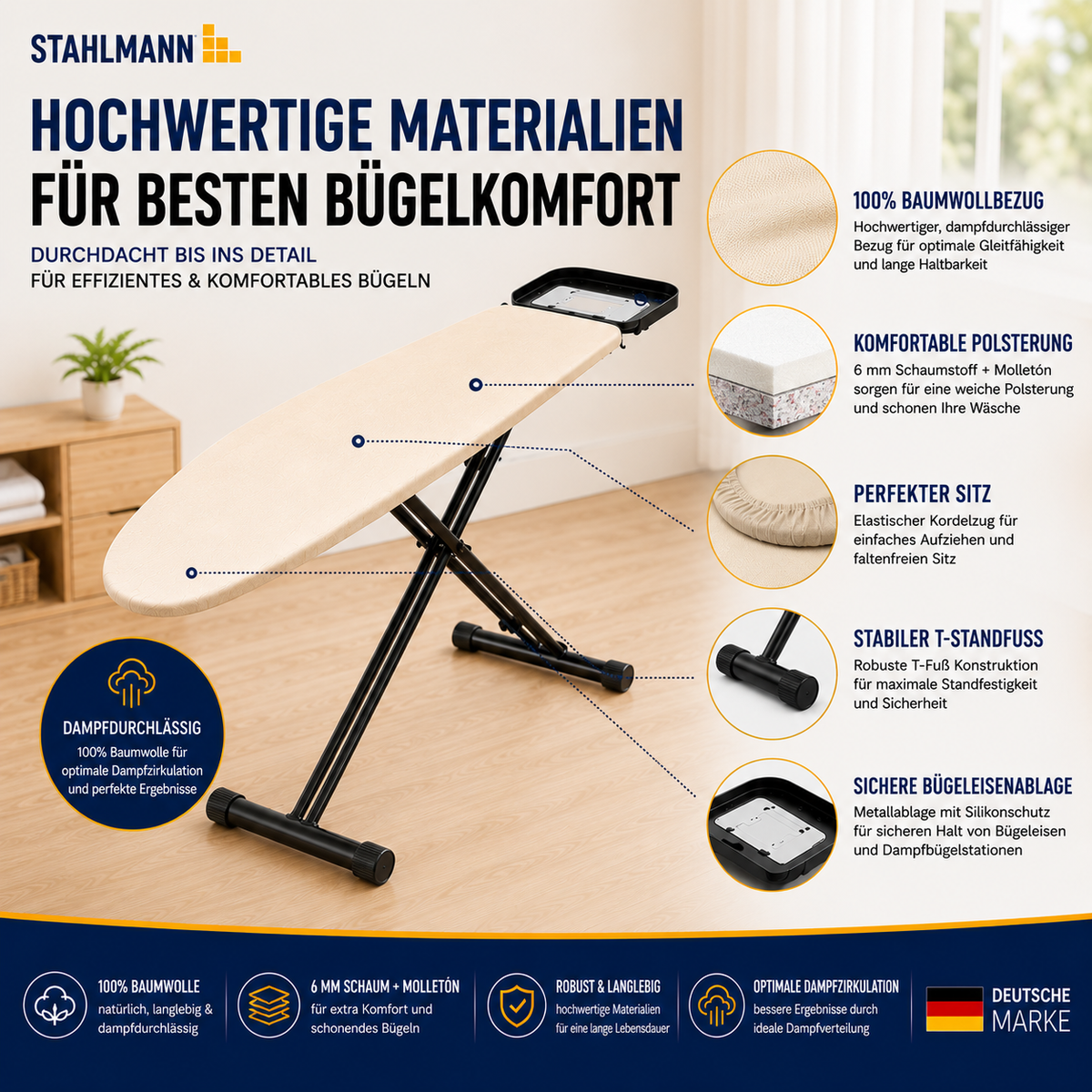 Stahlmann Bügelbrett 120 × 38 cm – Made in EU | höhenverstellbar 60–90 cm | Turbobezug