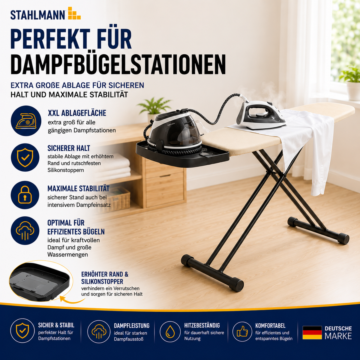Stahlmann Bügelbrett 120 × 38 cm – Made in EU | höhenverstellbar 60–90 cm | Turbobezug