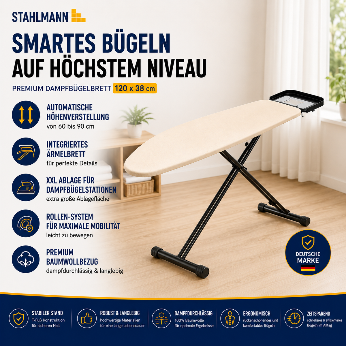Stahlmann Bügelbrett 120 × 38 cm – Made in EU | höhenverstellbar 60–90 cm | Turbobezug