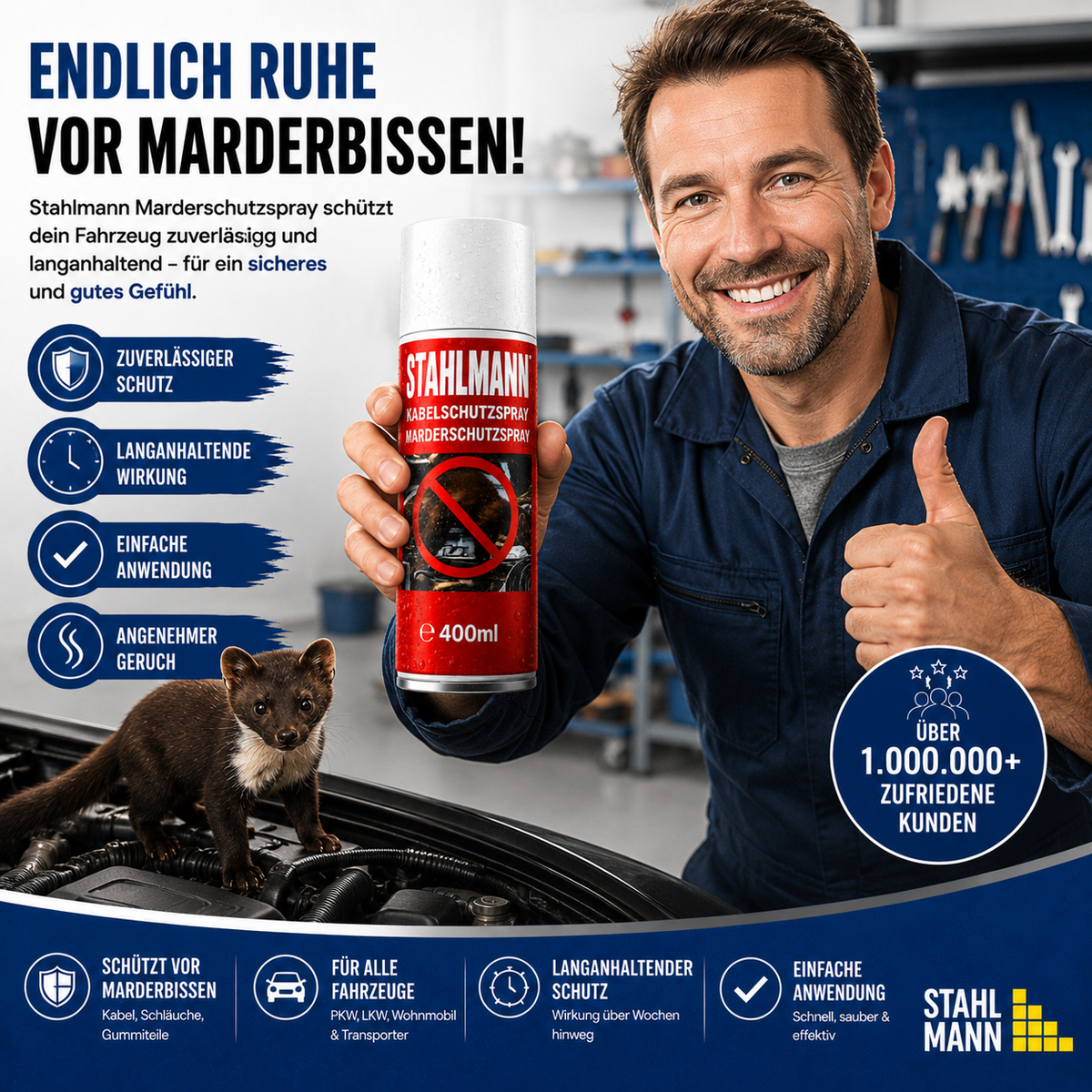 STAHLMANN® Marderschreck Auto 400 ml – Marderspray mit Langzeitschutz für Motorraum, Kabel & Schläuche