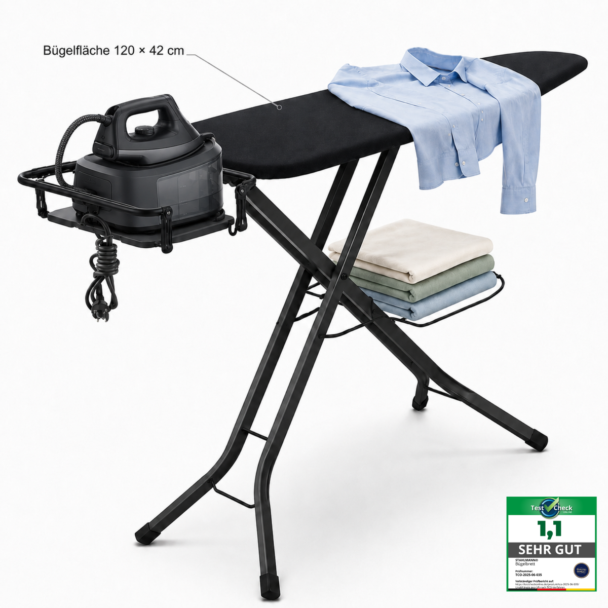 STAHLMANN® XL Strijkplank 120x42 cm – In hoogte verstelbaar & stabiel – Katoenen hoes – Voor stoomstrijkstations – Gemaakt in de EU
