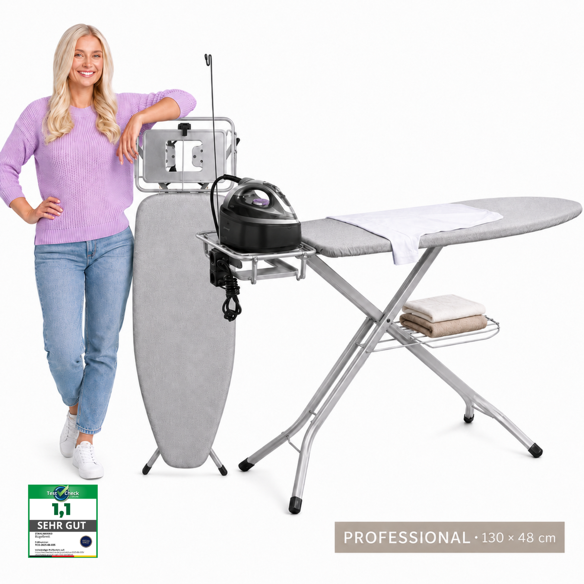 STAHLMANN® XXL Strijkplank 120x38 cm – Voor stoomstrijkstations – TÜV-gecertificeerd – Hoes van 100% katoen – Extra stabiel – Gemaakt in de EU