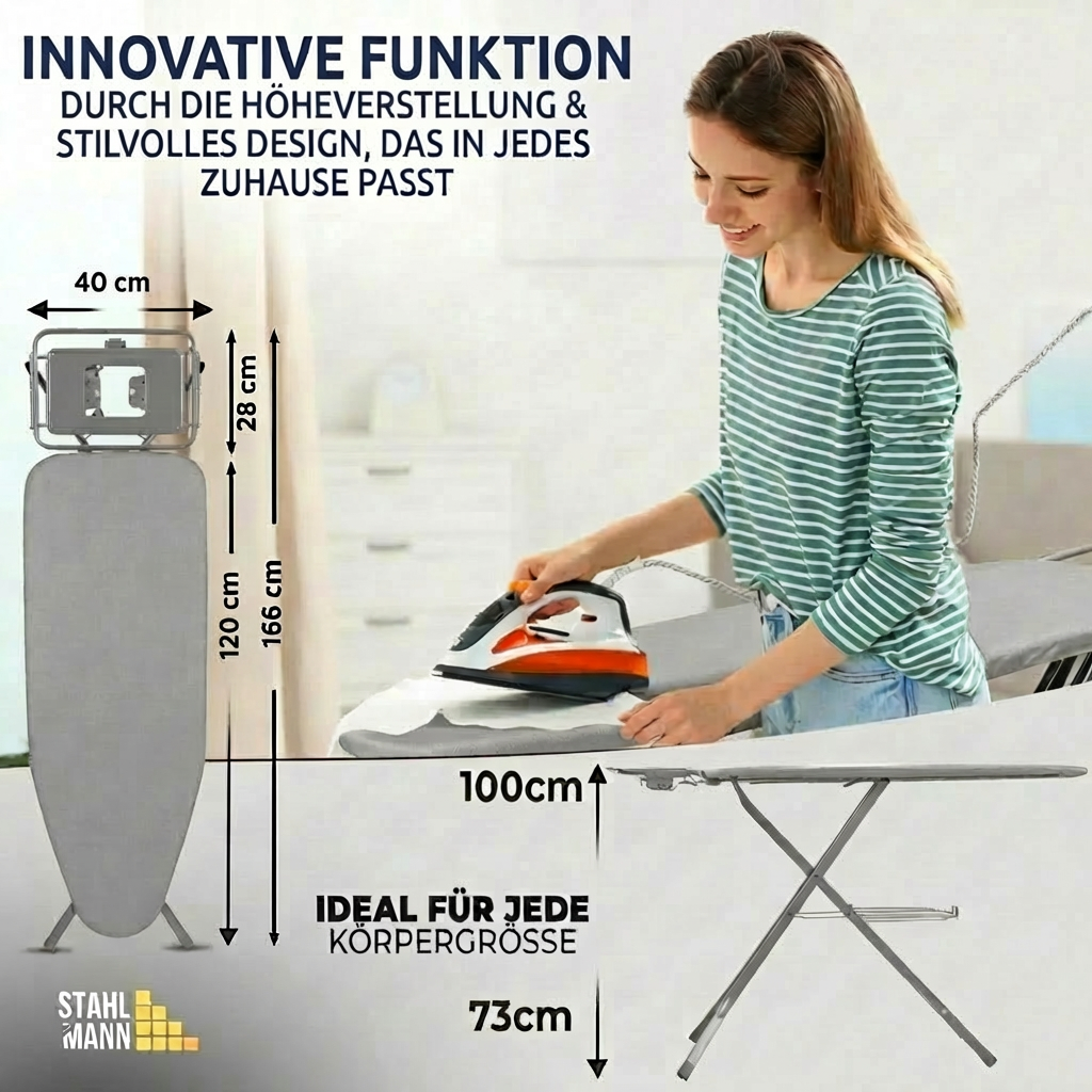 STAHLMANN® XXL-Bügelbrett 120×40 cm – für Dampfbügelstation