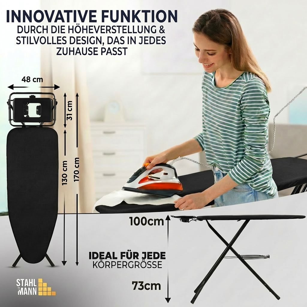 STAHLMANN® XXL Bügelbrett 130x48 cm – Für Dampfbügelstation – inkl. Ärmelbrett – 100 % Baumwollbezug – extra stabil – Made in EU
