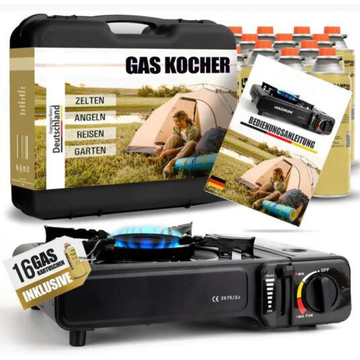 Gaskocher Set + Butangaskartuschen und Tragekoffer – Stromausfall Camping Outdoor