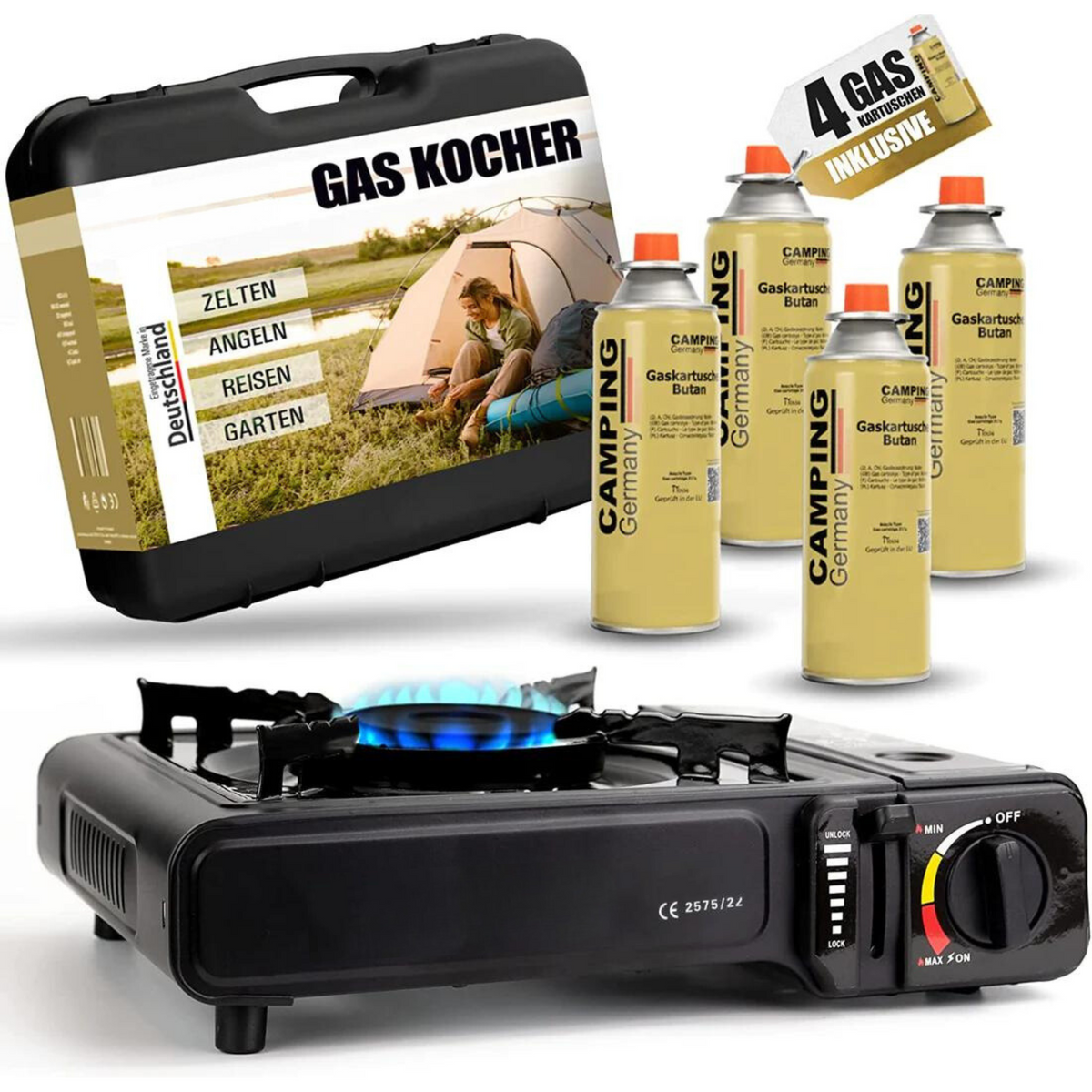 Gaskocher Set + Butangaskartuschen und Tragekoffer – Stromausfall Camping Outdoor