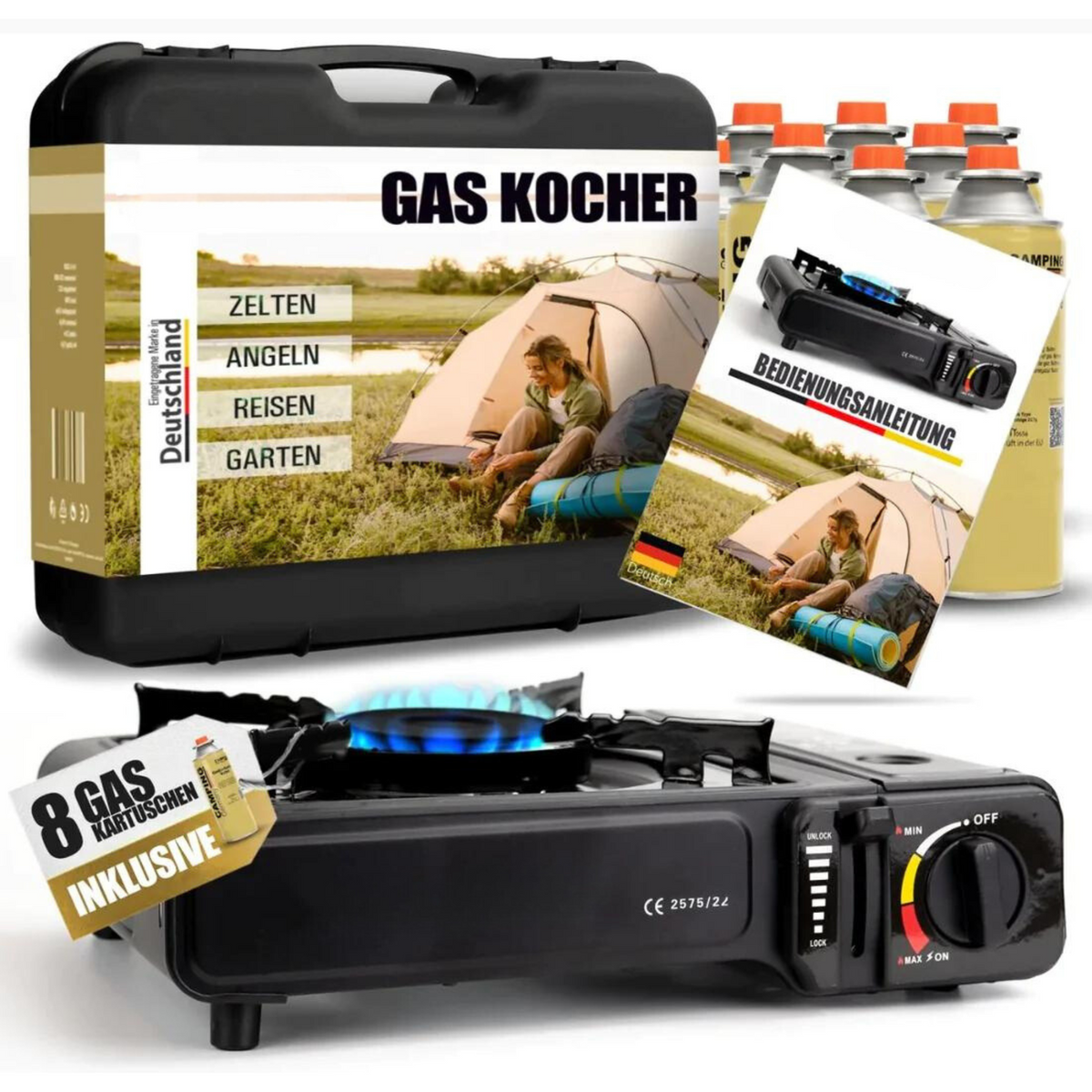 Gaskocher Set + Butangaskartuschen und Tragekoffer – Stromausfall Camping Outdoor