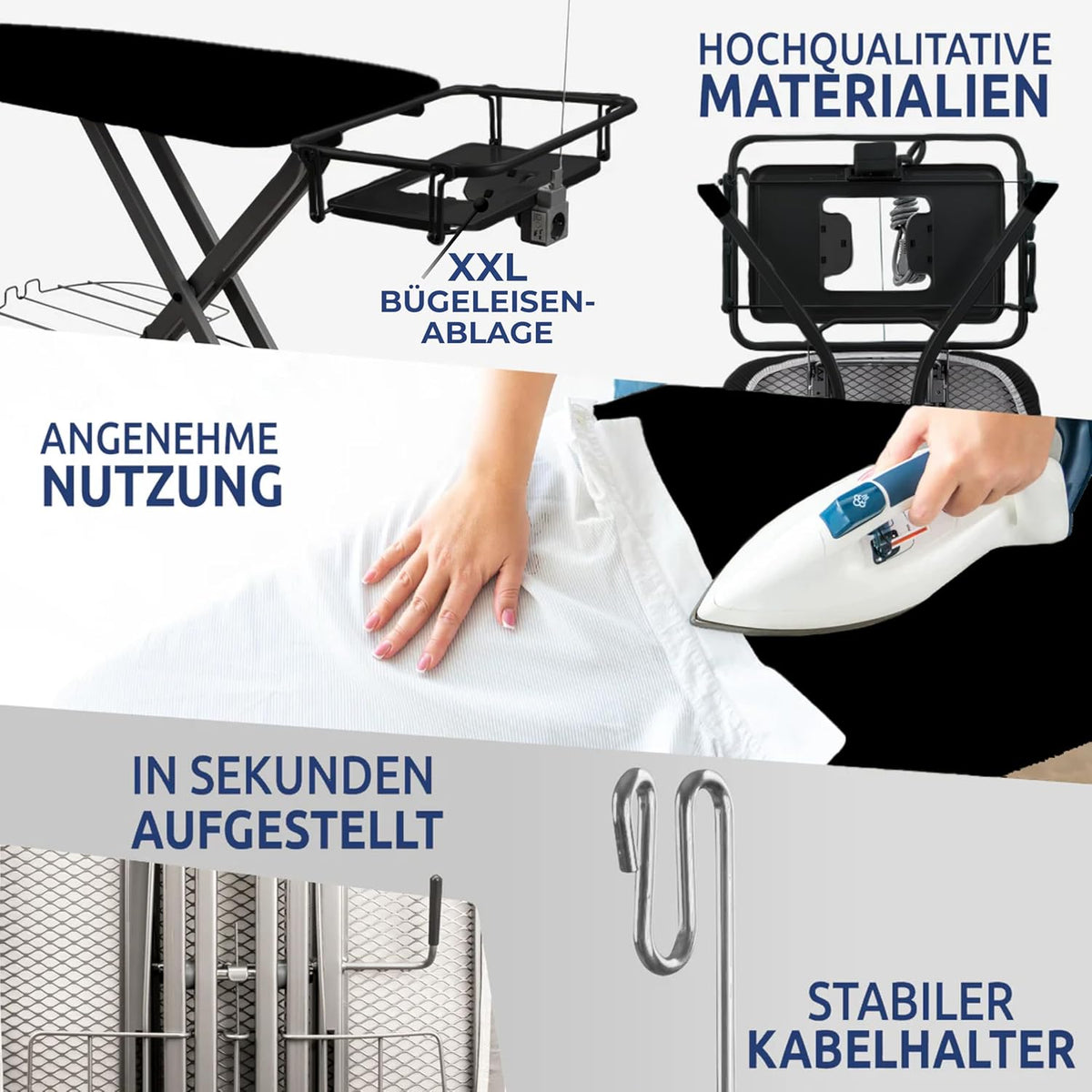 STAHLMANN® XXL Bügelbrett 130x48 cm – Für Dampfbügelstation – inkl. Ärmelbrett – 100 % Baumwollbezug – extra stabil – Made in EU