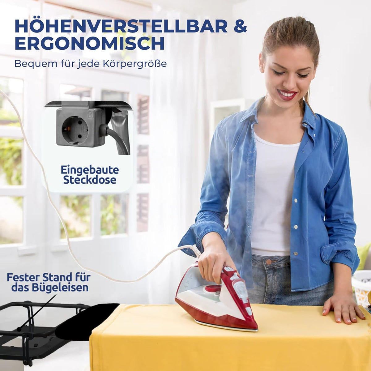 STAHLMANN® XXL Bügelbrett 130x48 cm – Für Dampfbügelstation – inkl. Ärmelbrett – 100 % Baumwollbezug – extra stabil – Made in EU