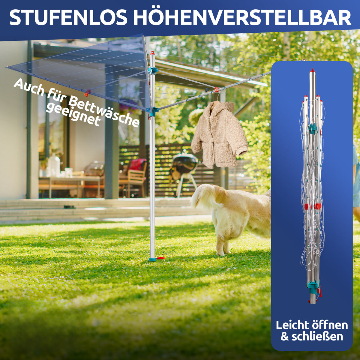 Wäschespinne 60m Made in Germany – 40kg Traglast, wetterfest & ergonomisch
