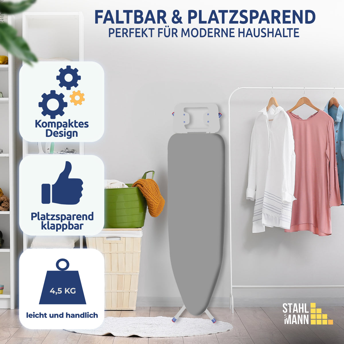 STAHLMANN® Light Bügelbrett 114 × 34 cm – höhenverstellbar & klappbar | mit Ablage für klassische Bügeleisen und rutschfesten Standfüßen