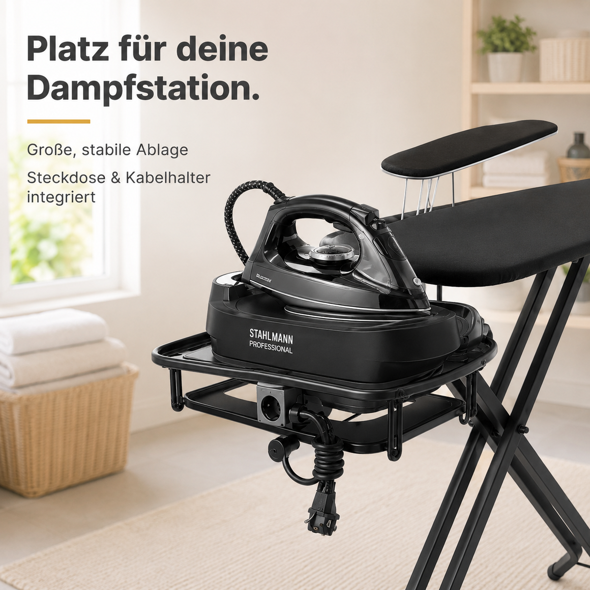 STAHLMANN® XXL Bügelbrett 130x48 cm – Für Dampfbügelstation – inkl. Ärmelbrett – 100 % Baumwollbezug – extra stabil – Made in EU
