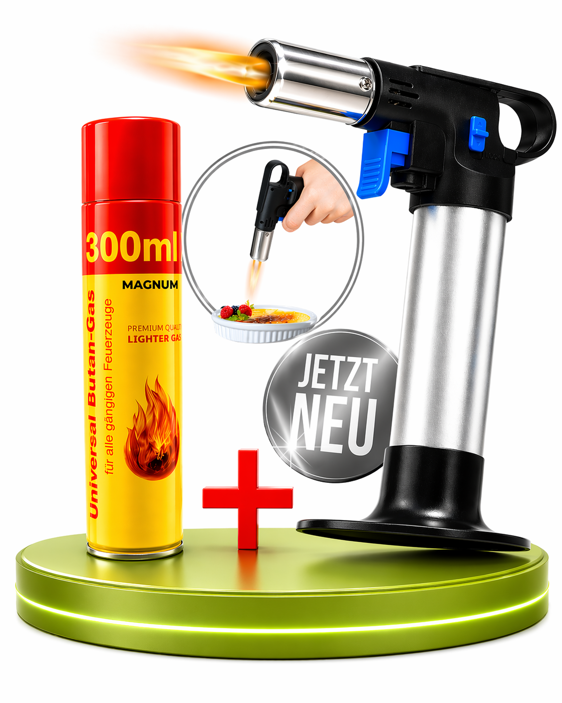 Premium Flambierbrenner inkl. Feuerzeuggas – Leistungsstark, Sicher & Handlich für Präzises Flambieren und Karamellisieren