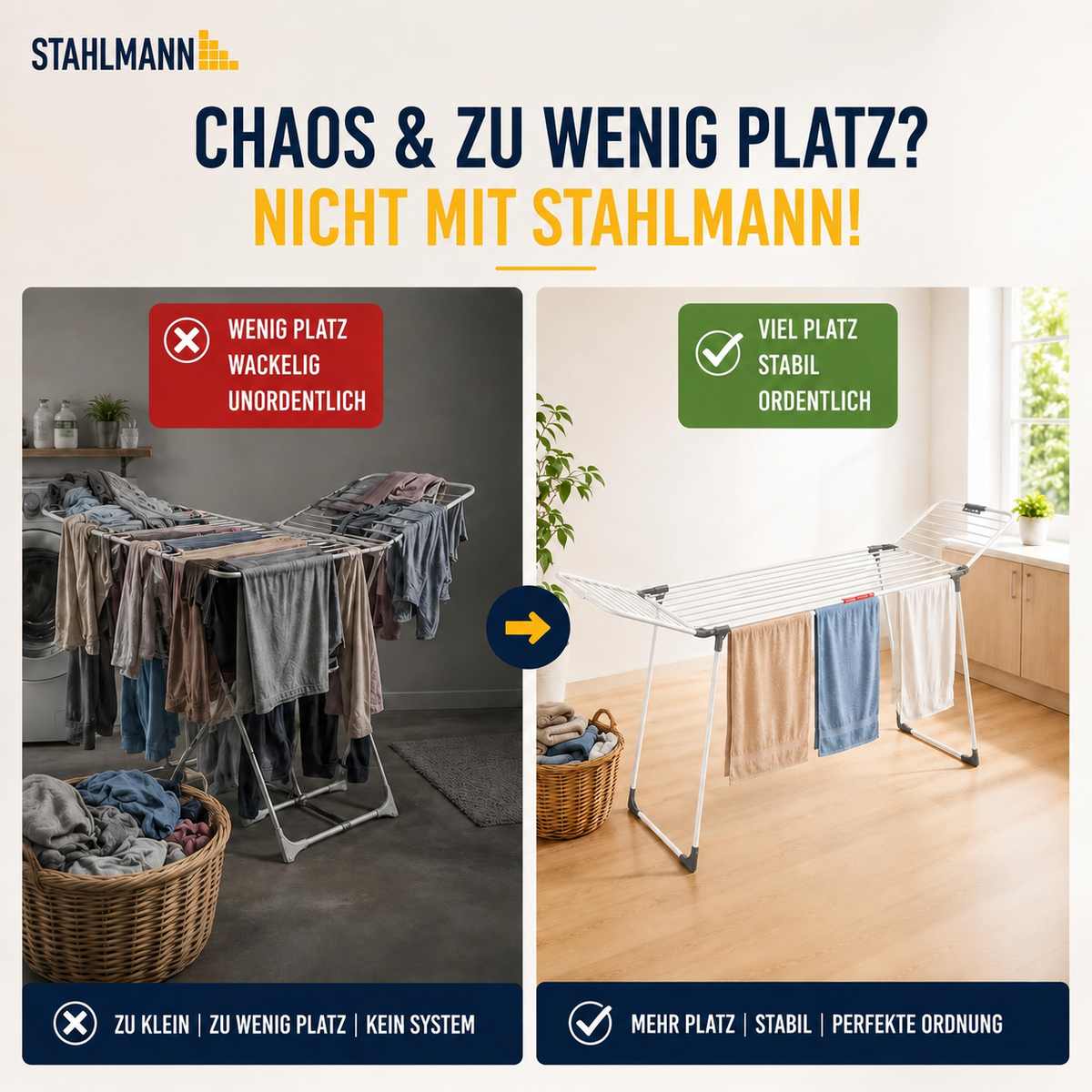 STAHLMANN® Wäscheständer ausziehbar mit Flügeln – 30 m Trockenfläche, klappbar, weiß