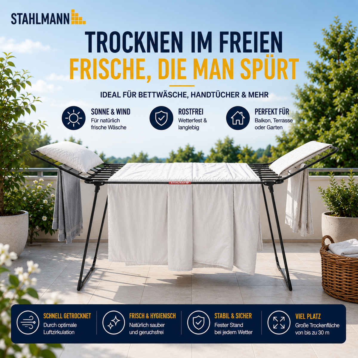 STAHLMANN® Wäscheständer ausziehbar mit Flügeln – 25 m Trockenfläche, klappbar, schwarz