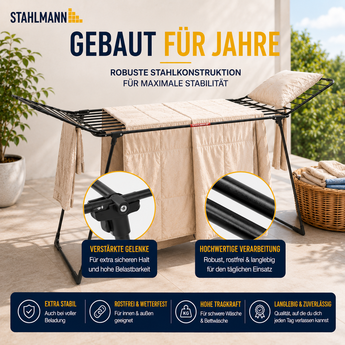 STAHLMANN® Wäscheständer ausziehbar mit Flügeln – 25 m Trockenfläche, klappbar, schwarz