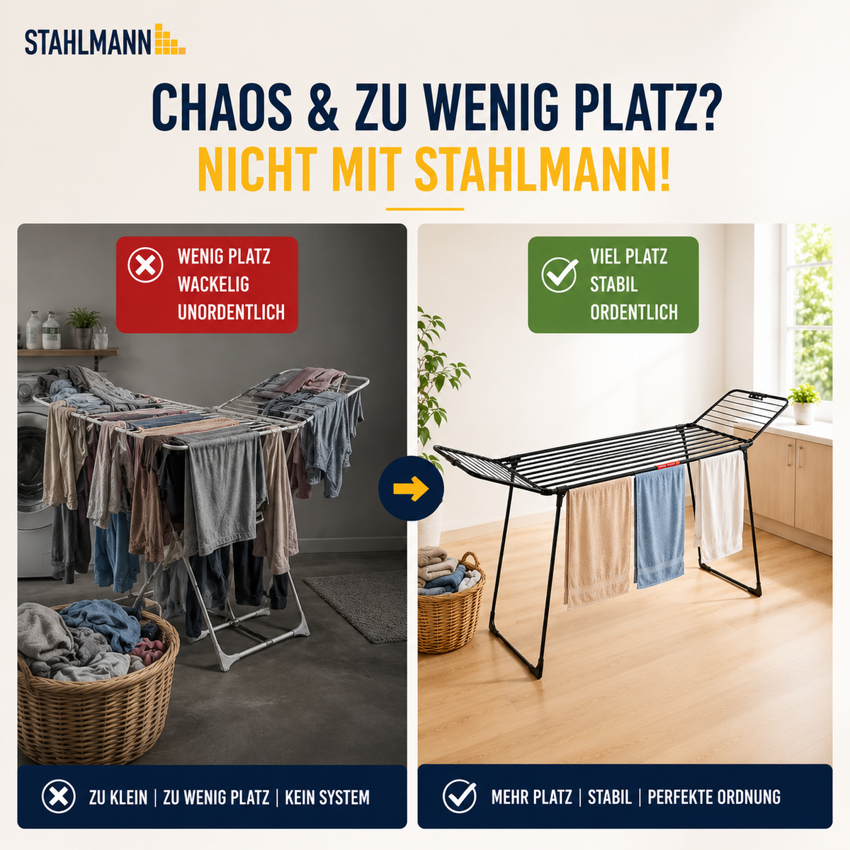 STAHLMANN® Wäscheständer ausziehbar mit Flügeln – 25 m Trockenfläche, klappbar, schwarz