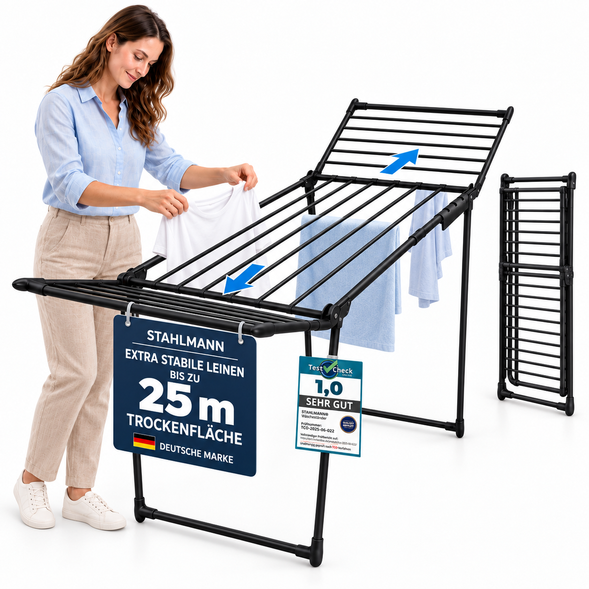 STAHLMANN® Wäscheständer ausziehbar mit Flügeln – 25 m Trockenfläche, klappbar, schwarz