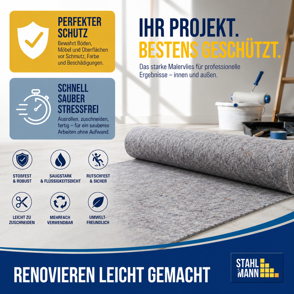 STAHLMANN® Malervlies [3 x 50 m] – Abdeckvlies 150 m² für Malerarbeiten