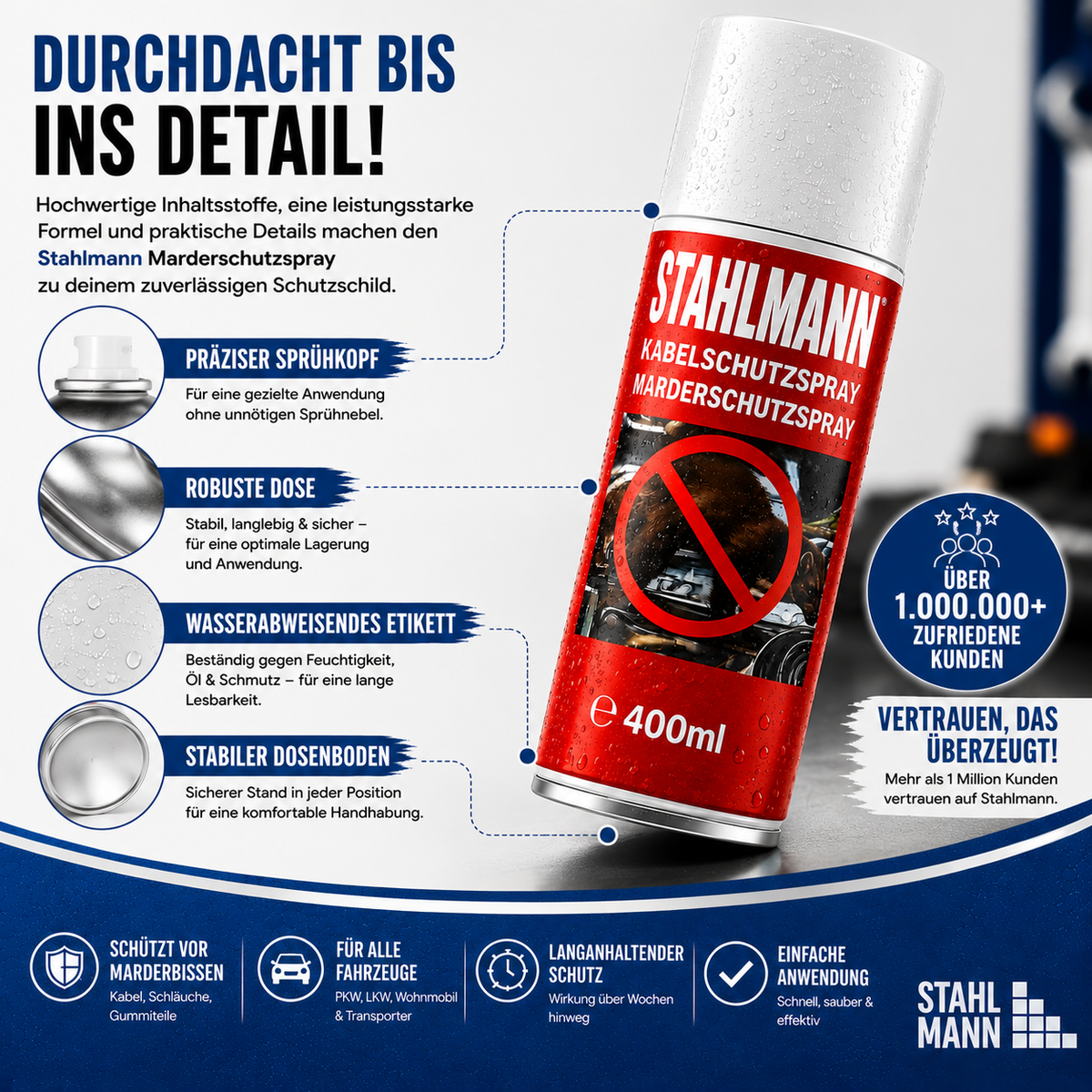 STAHLMANN® Marderschreck Auto 400 ml – Marderspray mit Langzeitschutz für Motorraum, Kabel & Schläuche