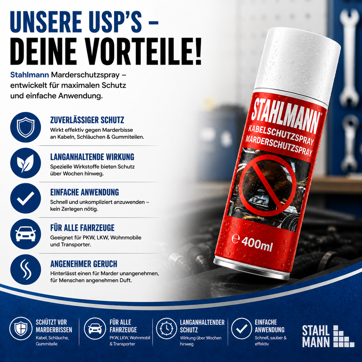 STAHLMANN® Marderschreck Auto 400 ml – Marderspray mit Langzeitschutz für Motorraum, Kabel & Schläuche