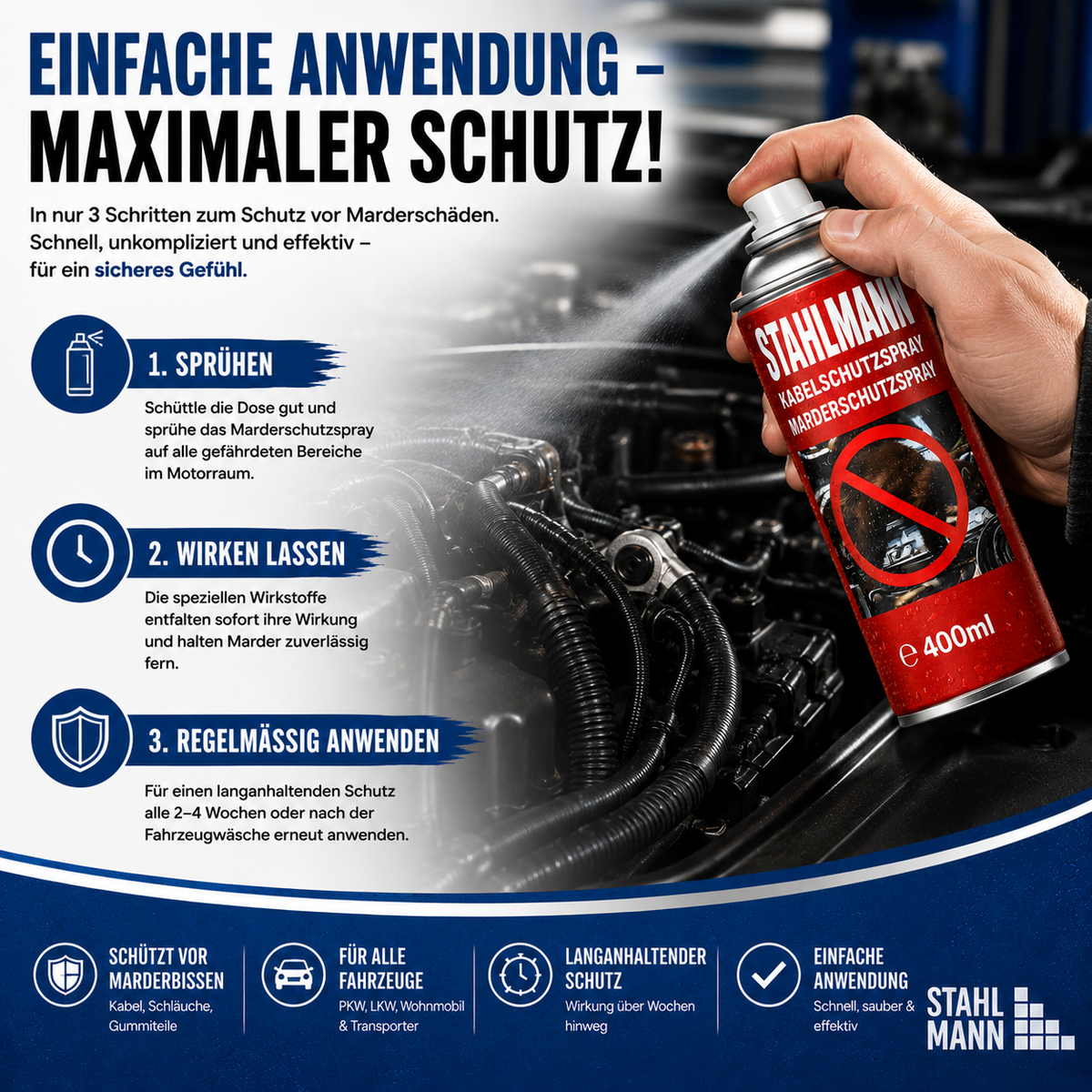 STAHLMANN® Marderschreck Auto 400 ml – Marderspray mit Langzeitschutz für Motorraum, Kabel & Schläuche