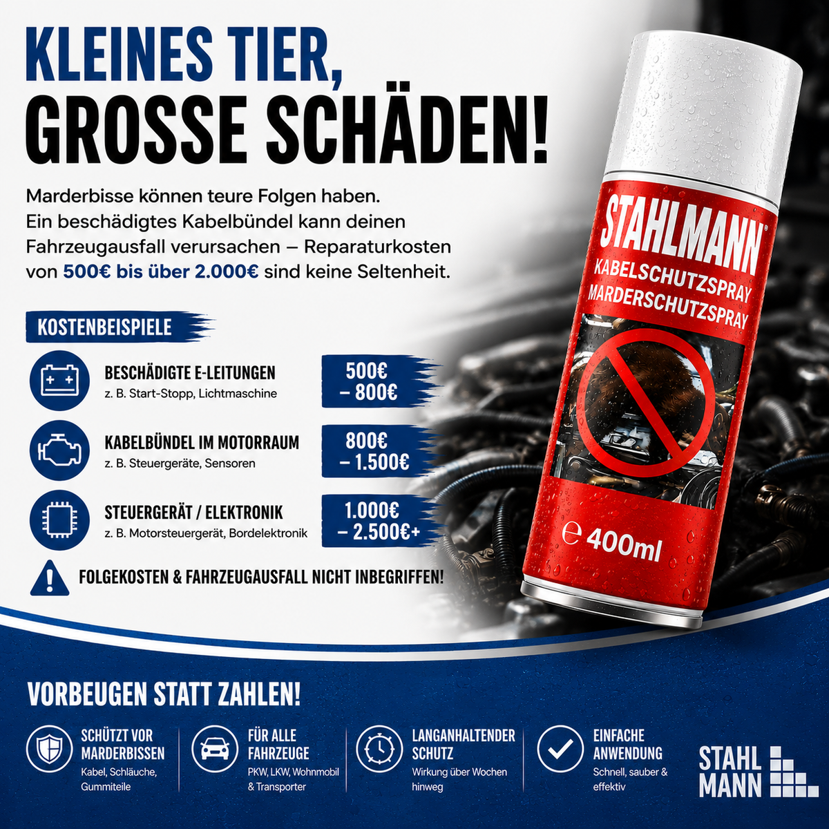 STAHLMANN® Marderschreck Auto 400 ml – Marderspray mit Langzeitschutz für Motorraum, Kabel & Schläuche