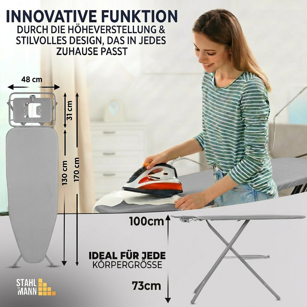 STAHLMANN® XXL Strijkplank 120x38 cm – Voor stoomstrijkstations – TÜV-gecertificeerd – Hoes van 100% katoen – Extra stabiel – Gemaakt in de EU