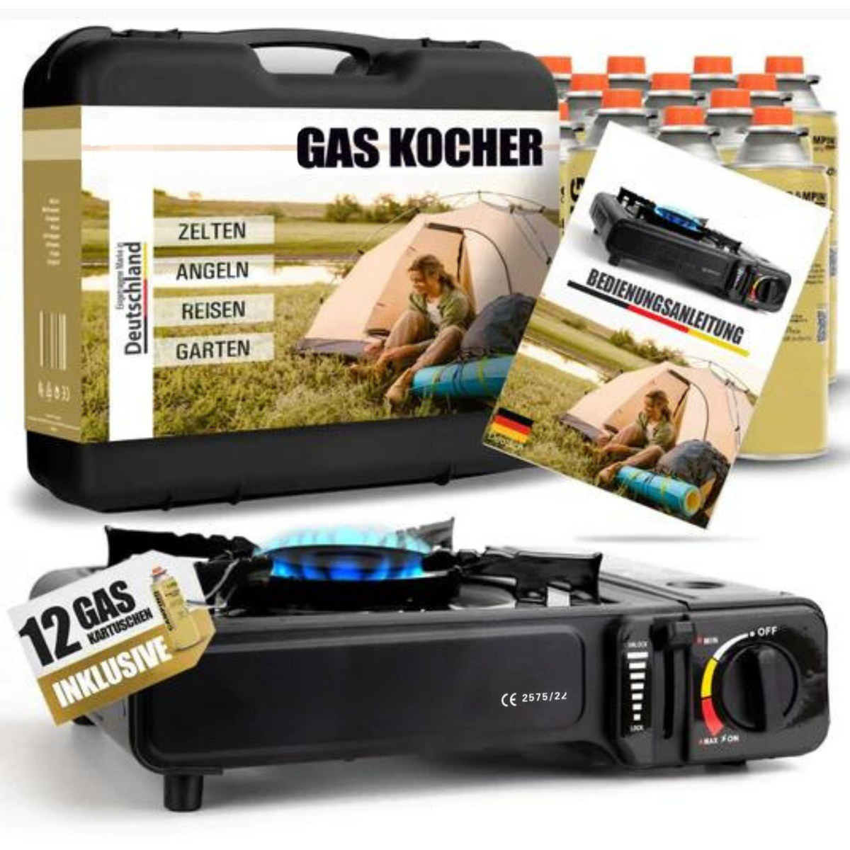 Gaskocher Set + Butangaskartuschen und Tragekoffer – Stromausfall Camping Outdoor